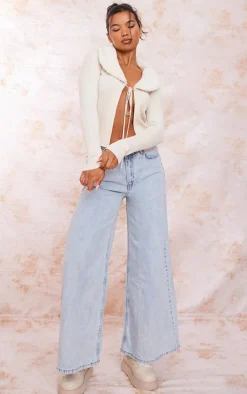 PrettyLittleThing Cardigans*Faux Fur Collar Rib Knit Cardigan