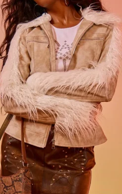 PrettyLittleThing Faux Leather Jackets*Faux Fur Trim Contrast Faux Leather Zip Up Jacket