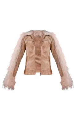 PrettyLittleThing Faux Leather Jackets*Faux Fur Trim Contrast Faux Leather Zip Up Jacket