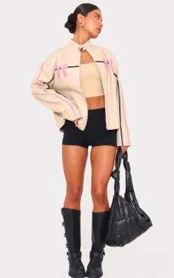 Cream Faux Leather Bow Print Detail Jacket