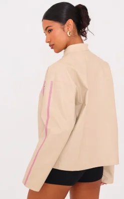 Cream Faux Leather Bow Print Detail Jacket