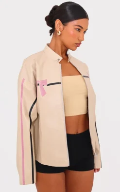 Cream Faux Leather Bow Print Detail Jacket