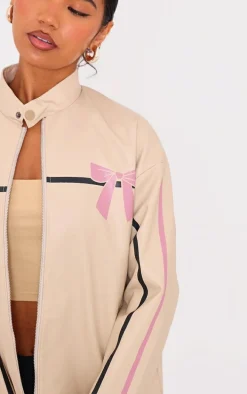Cream Faux Leather Bow Print Detail Jacket