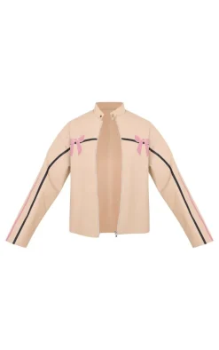 Cream Faux Leather Bow Print Detail Jacket
