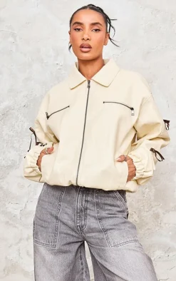 PrettyLittleThing Faux Leather Jackets*Faux Leather Bow Sleeve Detail Oversized Jacket
