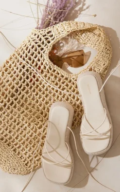 PrettyLittleThing Chunky Sandals*Faux Leather Contrast Linen Skinny Strap Chunky Sole Sandals