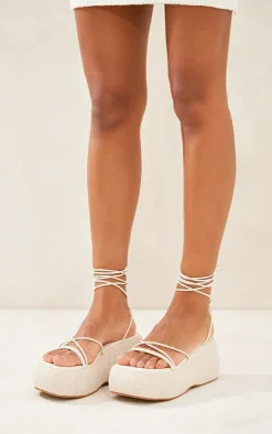 PrettyLittleThing Chunky Sandals*Faux Leather Contrast Linen Skinny Strap Chunky Sole Sandals