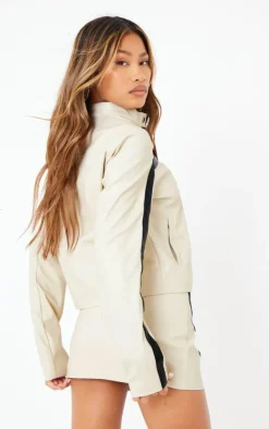PrettyLittleThing Faux Leather Contrast Panel Motorcross Jacket Cream