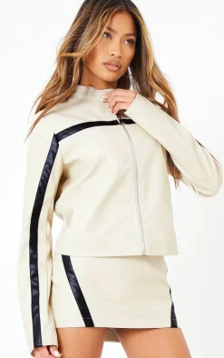 PrettyLittleThing Faux Leather Contrast Panel Motorcross Jacket Cream
