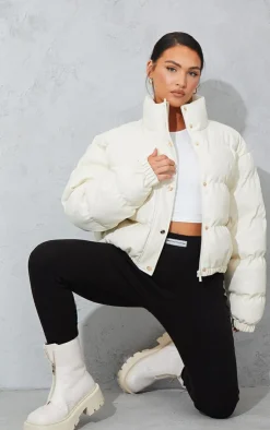 PrettyLittleThing Puffer Jackets*Faux Leather Elastic Hem Bubble Puffer