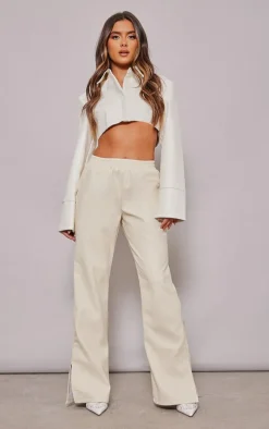 Cream Faux Leather Elasticated Waist Straight Leg Pants