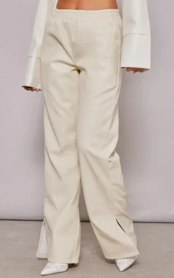 Cream Faux Leather Elasticated Waist Straight Leg Pants