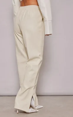 Cream Faux Leather Elasticated Waist Straight Leg Pants