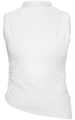 Online PrettyLittleThing Faux Leather High Neck Asymmetric Hem Side Ruched Top Cream
