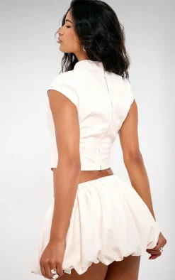 PrettyLittleThing Faux Leather High Neck Top Cream