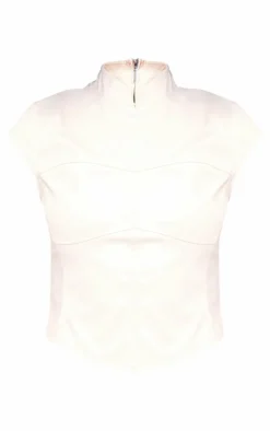 PrettyLittleThing Faux Leather High Neck Top Cream