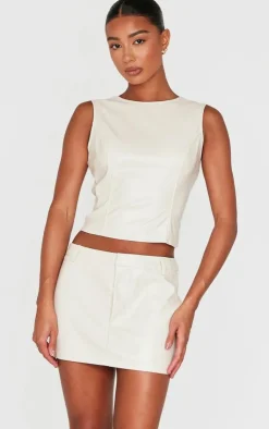 PrettyLittleThing Faux Leather Low Rise Mini Skirt Cream