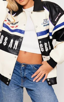 PrettyLittleThing Bomber Jackets*Faux Leather Oversized Contrast Motorcross Bomber Jacket