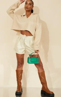 Cream Faux Leather Pleat Detail Shorts