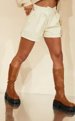 Cream Faux Leather Pleat Detail Shorts