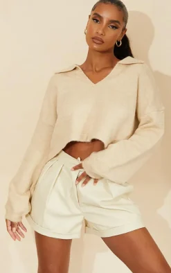 Cream Faux Leather Pleat Detail Shorts