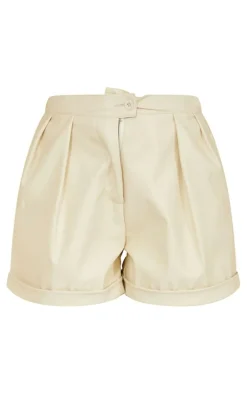 Cream Faux Leather Pleat Detail Shorts