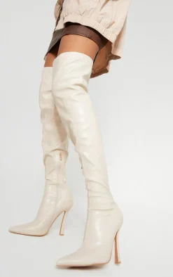 PrettyLittleThing Over The Knee Boots*Faux Leather Point Toe Sock Heeled Over The Knee Boots