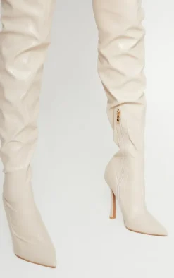 PrettyLittleThing Over The Knee Boots*Faux Leather Point Toe Sock Heeled Over The Knee Boots