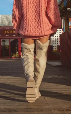 PrettyLittleThing Knee High Boots*Faux Leather Round Toe Shearling Chunky Knee High Boots