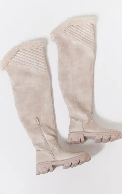 PrettyLittleThing Knee High Boots*Faux Leather Round Toe Shearling Chunky Knee High Boots