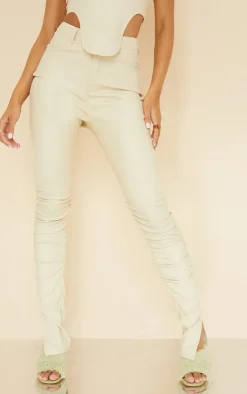 Sale PrettyLittleThing Faux Leather Ruched Leg Skinny Pants Cream