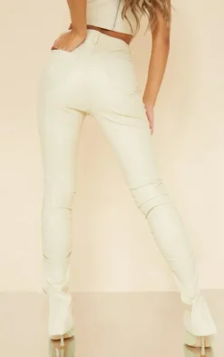 Sale PrettyLittleThing Faux Leather Ruched Leg Skinny Pants Cream
