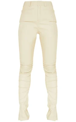 Sale PrettyLittleThing Faux Leather Ruched Leg Skinny Pants Cream