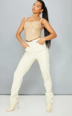 Cream Faux Leather Seam Detail Straight Leg Pants