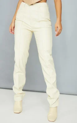 Cream Faux Leather Seam Detail Straight Leg Pants