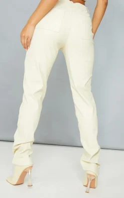 Cream Faux Leather Seam Detail Straight Leg Pants