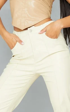 Cream Faux Leather Seam Detail Straight Leg Pants