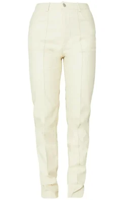 Cream Faux Leather Seam Detail Straight Leg Pants