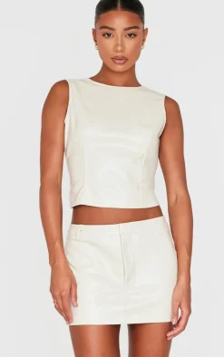 PrettyLittleThing Faux Leather Seam Detail Open Back Long Top Cream