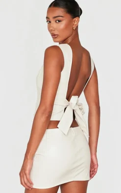 PrettyLittleThing Faux Leather Seam Detail Open Back Long Top Cream