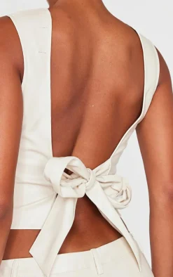 PrettyLittleThing Faux Leather Seam Detail Open Back Long Top Cream