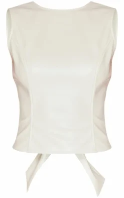 PrettyLittleThing Faux Leather Seam Detail Open Back Long Top Cream