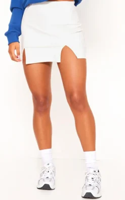 Cream Faux Leather Split Hem Mini Skirt