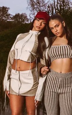 Hot PrettyLittleThing Faux Leather Zip Detail Cropped Jacket Cream
