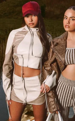 Hot PrettyLittleThing Faux Leather Zip Detail Cropped Jacket Cream