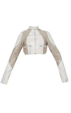 Hot PrettyLittleThing Faux Leather Zip Detail Cropped Jacket Cream