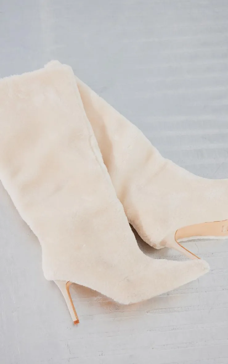 PrettyLittleThing High Heels*Faux Shearling Point Toe Knee High Heeled Boots