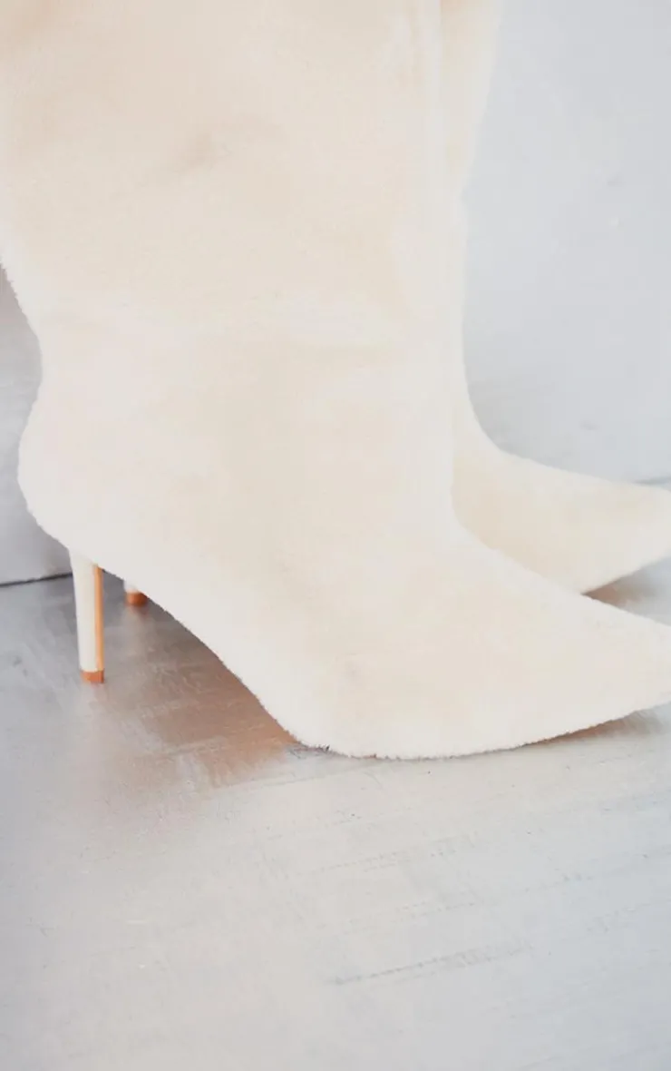 PrettyLittleThing High Heels*Faux Shearling Point Toe Knee High Heeled Boots