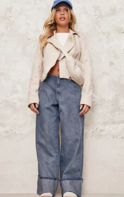 Cream Faux Suede Minimal Biker Jacket