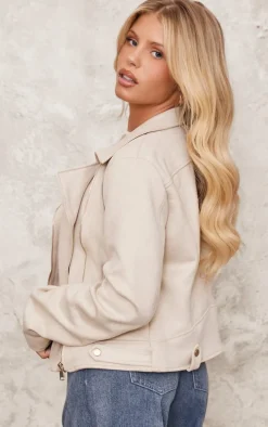 Cream Faux Suede Minimal Biker Jacket